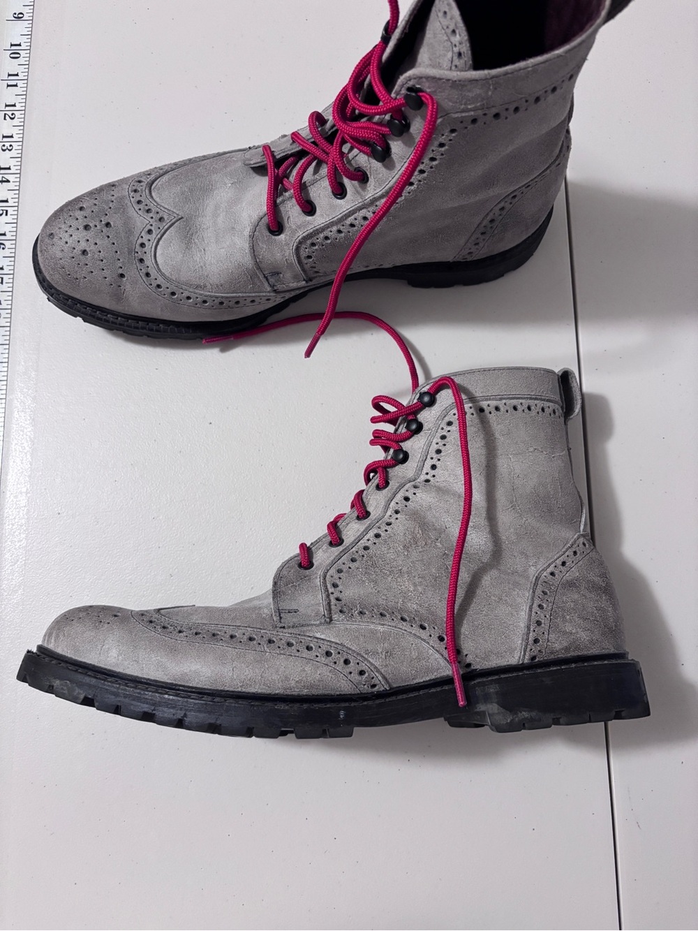 Allen Edmonds Long Branch Grey Leather Wingtip Boots Size 14 Red Laces Vibram - Picture 3 of 11